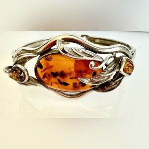 Sterling Silver Amber Floral Bangle Bracelet with lock